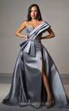 MNM Couture V07353 asymetric sleevless satin column gown with ruffles and beadwork. | Couture Shop LA