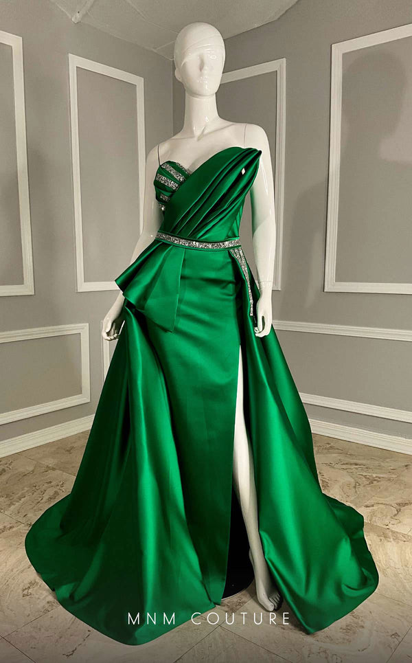 MNM Couture V07353 asymetric sleevless satin column gown with ruffles and beadwork. | Couture Shop LA