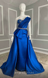 MNM Couture V07353 asymetric sleevless satin column gown with ruffles and beadwork. | Couture Shop LA
