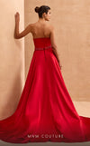 MNM Couture V07353 asymetric sleevless satin column gown with ruffles and beadwork. | Couture Shop LA