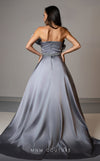 MNM Couture V07353 asymetric sleevless satin column gown with ruffles and beadwork. | Couture Shop LA