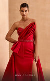 MNM Couture V07353 asymetric sleevless satin column gown with ruffles and beadwork. | Couture Shop LA