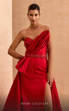 MNM Couture V07353 asymetric sleevless satin column gown with ruffles and beadwork. | Couture Shop LA