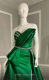 MNM Couture V07353 asymetric sleevless satin column gown with ruffles and beadwork. | Couture Shop LA