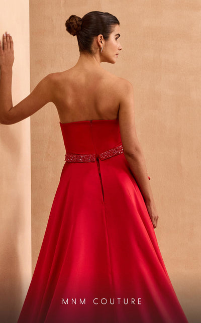 MNM Couture V07353 asymetric sleevless satin column gown with ruffles and beadwork. | Couture Shop LA