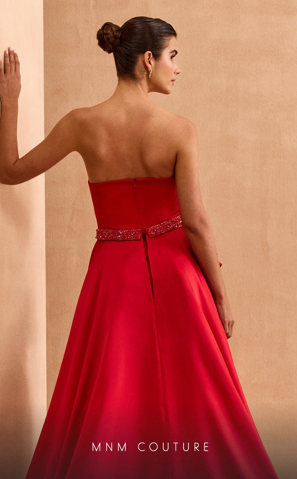 MNM Couture V07353 asymetric sleevless satin column gown with ruffles and beadwork. | Couture Shop LA