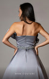 MNM Couture V07353 asymetric sleevless satin column gown with ruffles and beadwork. | Couture Shop LA