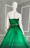 MNM Couture V07353 asymetric sleevless satin column gown with ruffles and beadwork. | Couture Shop LA