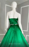 MNM Couture V07353 asymetric sleevless satin column gown with ruffles and beadwork. | Couture Shop LA