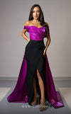 Exclusive MNM Couture V07387 off-shoulder column gown with attachable skirt.