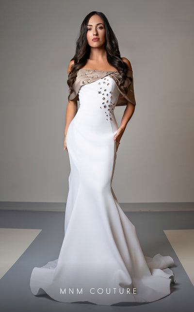 Luxury MNM Couture V07388 cap sleeve mermaid gown with rhinestone detailing. | Couture Shop LA