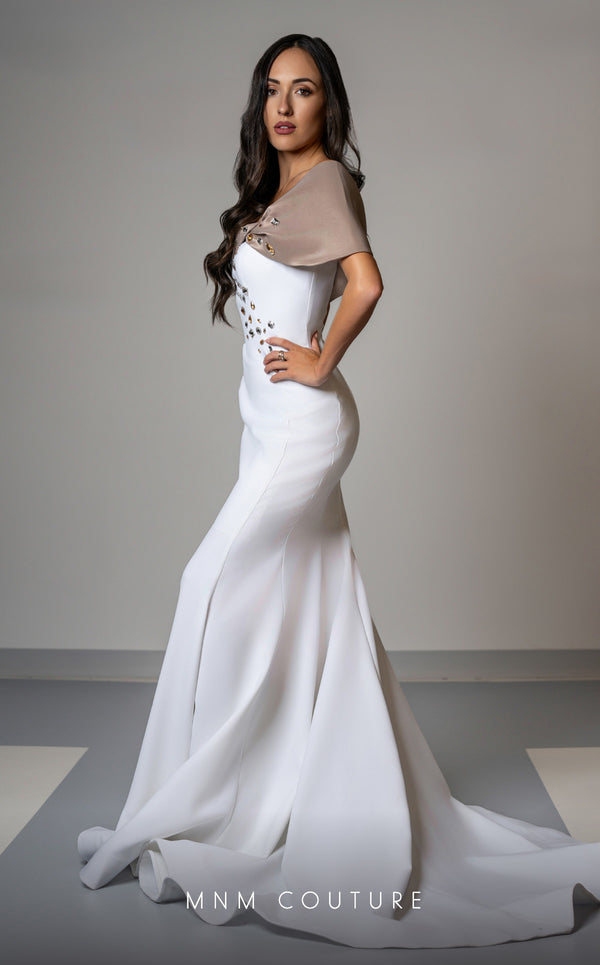 Luxury MNM Couture V07388 cap sleeve mermaid gown with rhinestone detailing. | Couture Shop LA