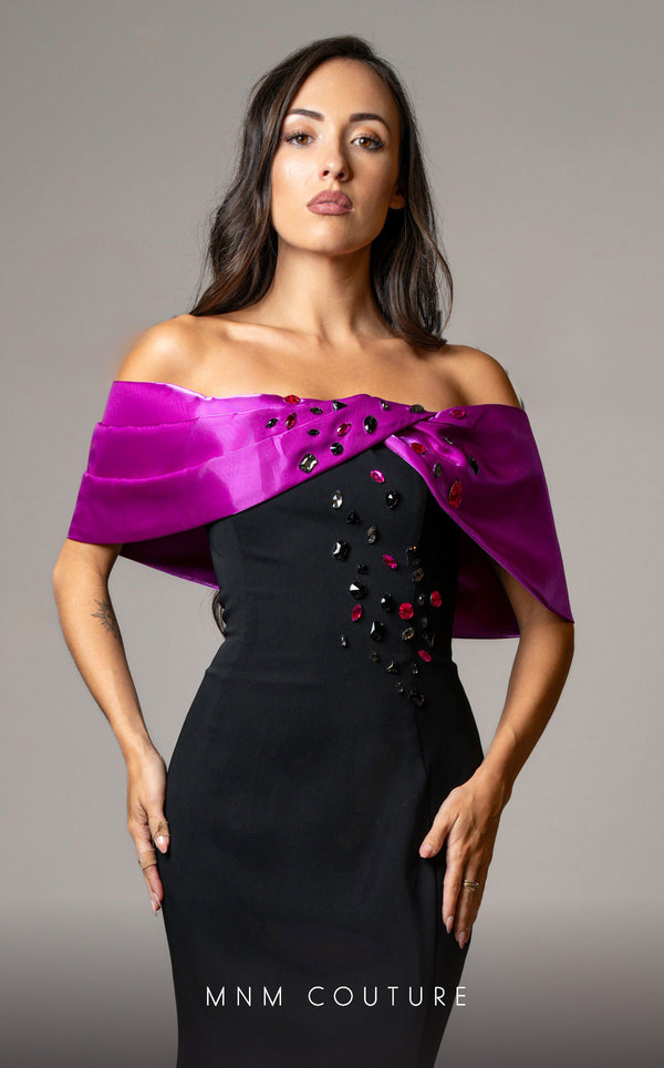 Luxury MNM Couture V07388 cap sleeve mermaid gown with rhinestone detailing. | Couture Shop LA