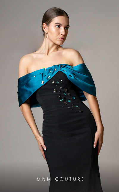 Luxury MNM Couture V07388 cap sleeve mermaid gown with rhinestone detailing. | Couture Shop LA