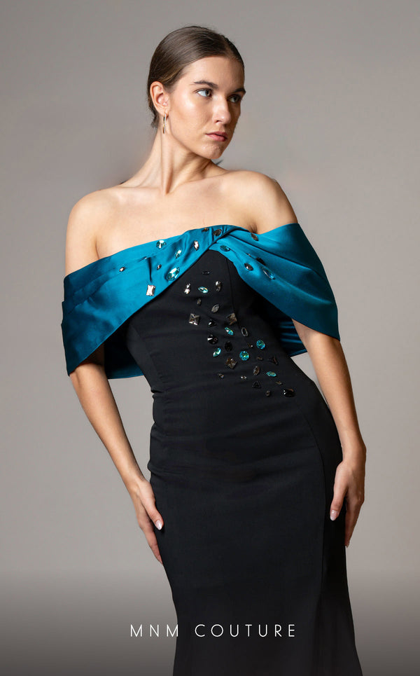 Luxury MNM Couture V07388 cap sleeve mermaid gown with rhinestone detailing. | Couture Shop LA