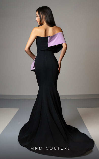 Designer MNM Couture V07391 asymmetric bow mermaid gown with rhinestones. | Couture Shop LA