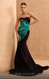 MNM Couture V07399 mermaid gown with rhinestones and organza flower embellishment.