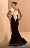 MNM Couture V07400 mermaid gown with spaghetti straps and a dramatic bow. | Couture Shop LA