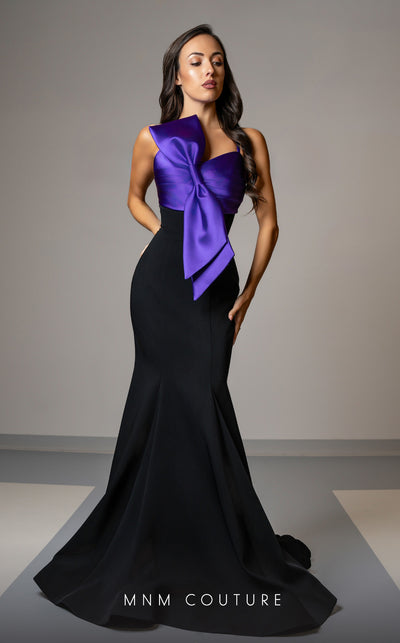 MNM Couture V07400 mermaid gown with spaghetti straps and a dramatic bow. | Couture Shop LA