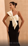 MNM Couture V07400 mermaid gown with spaghetti straps and a dramatic bow. | Couture Shop LA