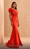 MNM Couture V07402 one-shoulder gown with pleated neckline and bow. | Couture Shop LA