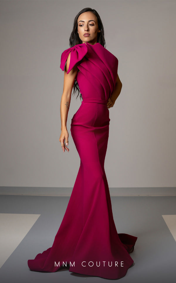MNM Couture V07402 one-shoulder gown with pleated neckline and bow. | Couture Shop LA