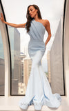 MNM Couture V07402 one-shoulder gown with pleated neckline and bow. | Couture Shop LA