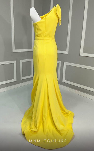 MNM Couture V07402 one-shoulder gown with pleated neckline and bow. | Couture Shop LA