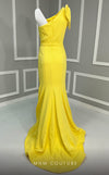 MNM Couture V07402 one-shoulder gown with pleated neckline and bow. | Couture Shop LA