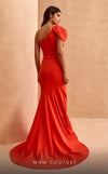 MNM Couture V07402 one-shoulder gown with pleated neckline and bow. | Couture Shop LA