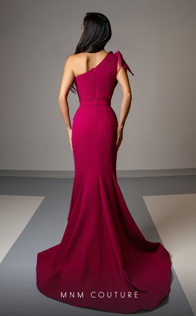 MNM Couture V07402 one-shoulder gown with pleated neckline and bow. | Couture Shop LA