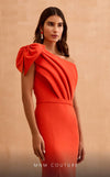 MNM Couture V07402 one-shoulder gown with pleated neckline and bow. | Couture Shop LA