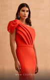 MNM Couture V07402 one-shoulder gown with pleated neckline and bow. | Couture Shop LA
