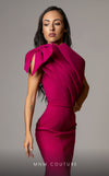 MNM Couture V07402 one-shoulder gown with pleated neckline and bow. | Couture Shop LA