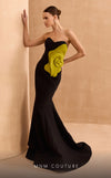 MNM Couture V07421 strapless Rayon Crepe gown with a big floral detail.