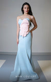 MNM Couture V07421 : Strapless Rayon Crepe Mermaid Gown embellished with a fabric flower.