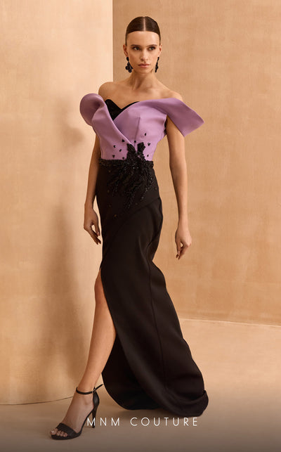 MNM Couture V07428 off-shoulder gown with bead and crystal details. | Couture Shop LA