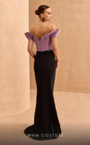 MNM Couture V07428 : Off-Shoulder Rayon Crepe Column Gown Embellished with Rhinestones