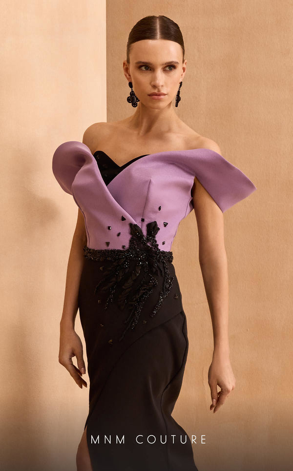 MNM Couture V07428 off-shoulder gown with bead and crystal details. | Couture Shop LA