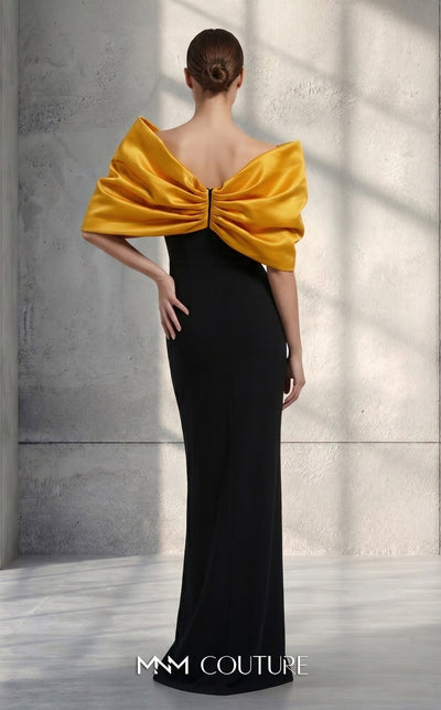 MNM Couture V07508 satin gown with cap sleeves and bow embellishment. | Couture Shop LA
