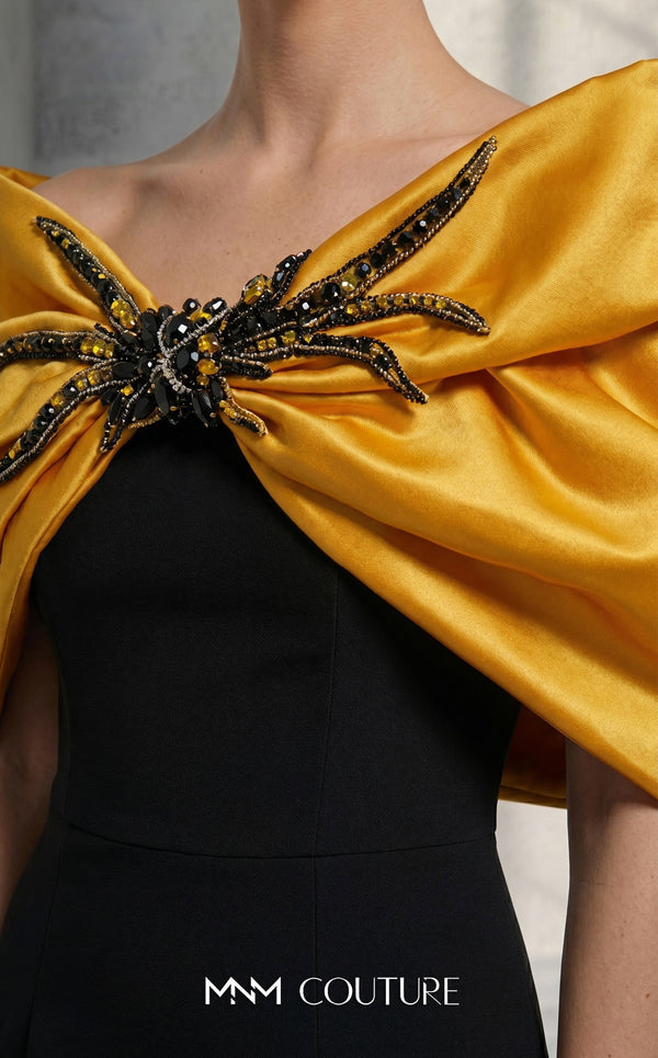 MNM Couture V07508 satin gown with cap sleeves and bow embellishment. | Couture Shop LA