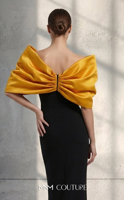 MNM Couture V07508 satin gown with cap sleeves and bow embellishment. | Couture Shop LA