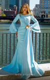 MNM Couture V07553 light blue column dress with ruffle sleeves, floral brooches, and rhinestone accents.| Couture Shop LA
