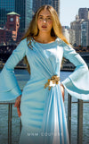 MNM Couture V07553 light blue column dress with ruffle sleeves, floral brooches, and rhinestone accents.| Couture Shop LA