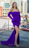 MNM Couture V07565 purple rayon crepe column dress with one-shoulder design and rhinestone details.| Couture Shop LA