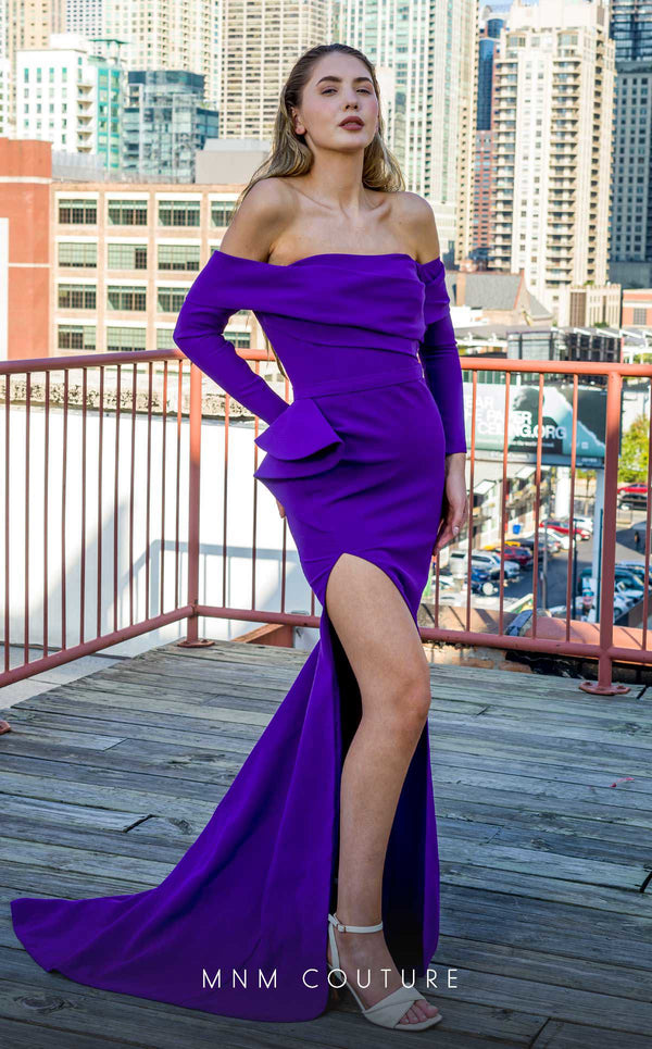 MNM Couture V07565 purple rayon crepe column dress with one-shoulder design and rhinestone details.| Couture Shop LA