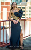 MNM Couture V07567 black and gold rayon crepe column dress with floral embellishments and square neckline.| Couture Shop LA