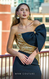 MNM Couture V07567 black and gold rayon crepe column dress with floral embellishments and square neckline.| Couture Shop LA