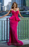 MNM Couture V07570 fuchsia rayon crepe column dress with ruffle sleeves, V-neckline, and side slit.| Couture Shop LA