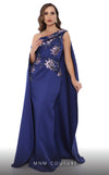 MNM Couture V6265 sequined sheath gown with embroidery, cape, and back zipper.